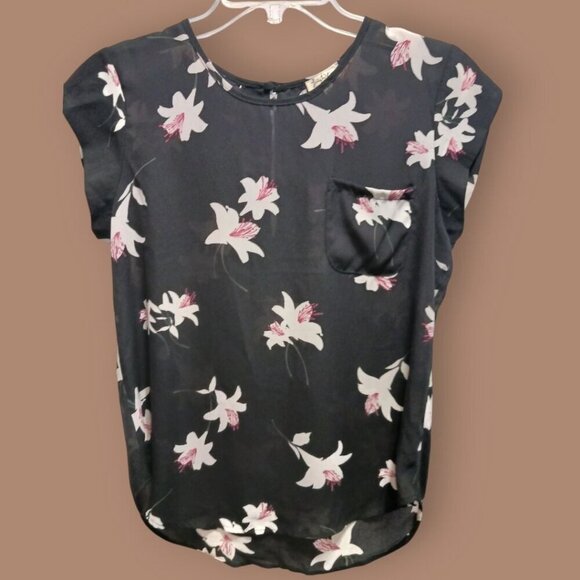 Lily White Womens Floral Blouse Size Small Floral Print blk & pink - Picture 1 of 8